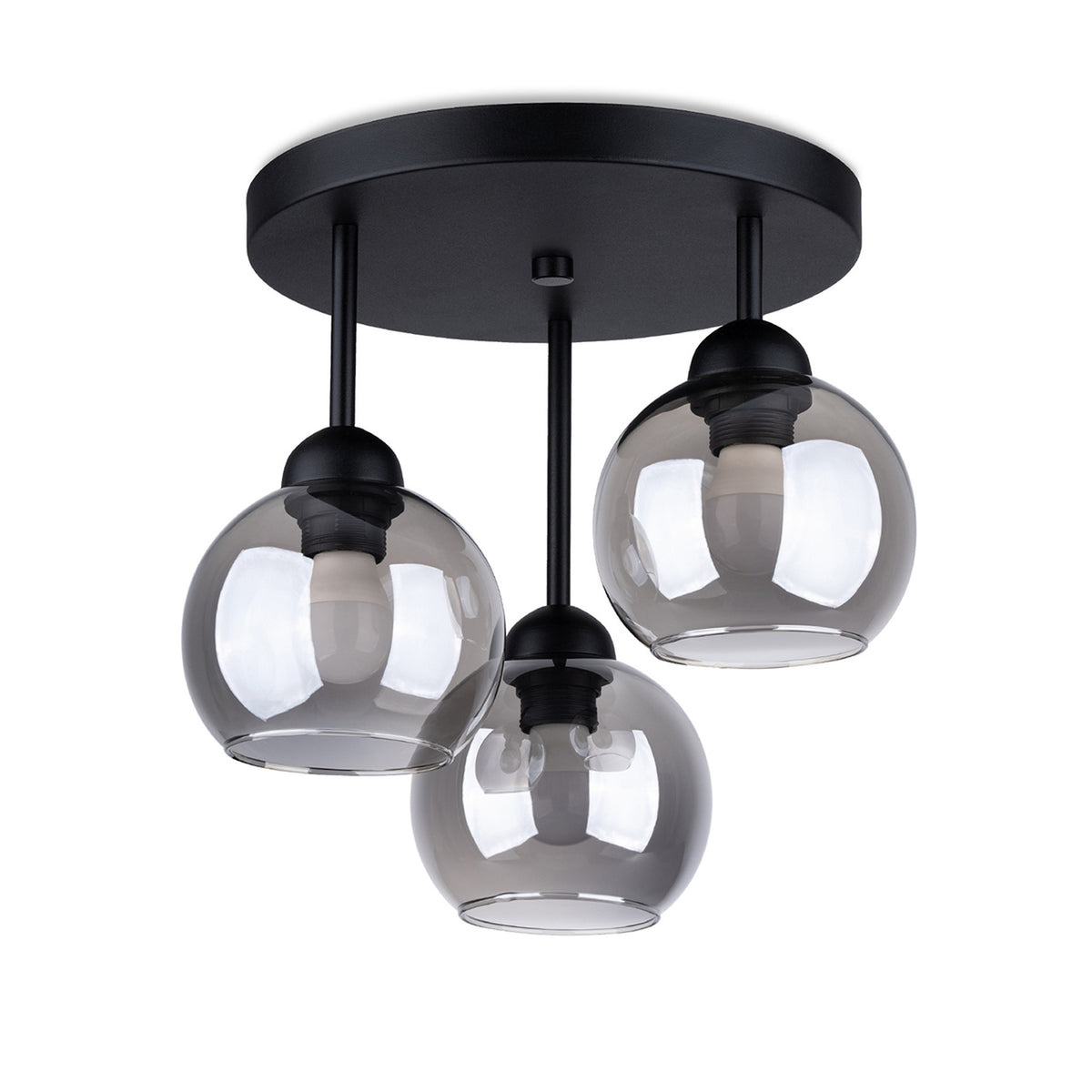Plafonnier Alino 3 avec trois globes en verre fumé à hauteurs décalées sous une platine ronde en acier noir sur fond blanc