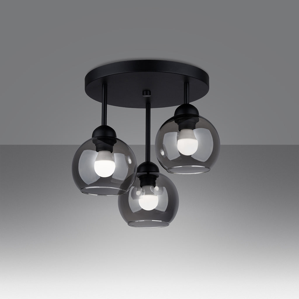Plafonnier Alino 3 verre fumé E27 allumé, ampoules E27 apparentes