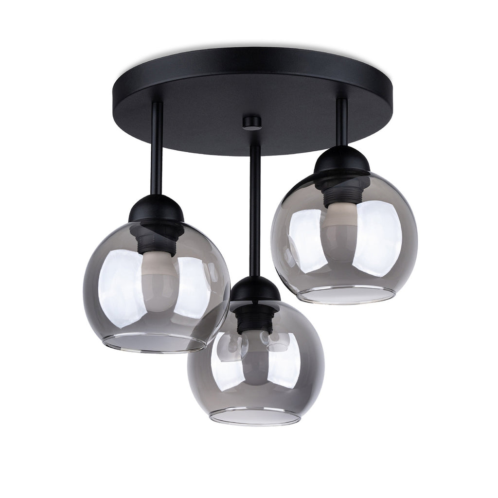 Plafonnier Alino 3 verre fumé E27, trois globes de verre fumé sur platine ronde noire, ampoules E27 apparentes
