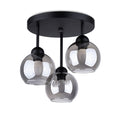 Plafonnier Alino 3 verre fumé E27, trois globes de verre fumé sur platine ronde noire, ampoules E27 apparentes
