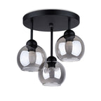 Plafonnier Alino 3 verre fumé E27, trois globes de verre fumé sur platine ronde noire, ampoules E27 apparentes