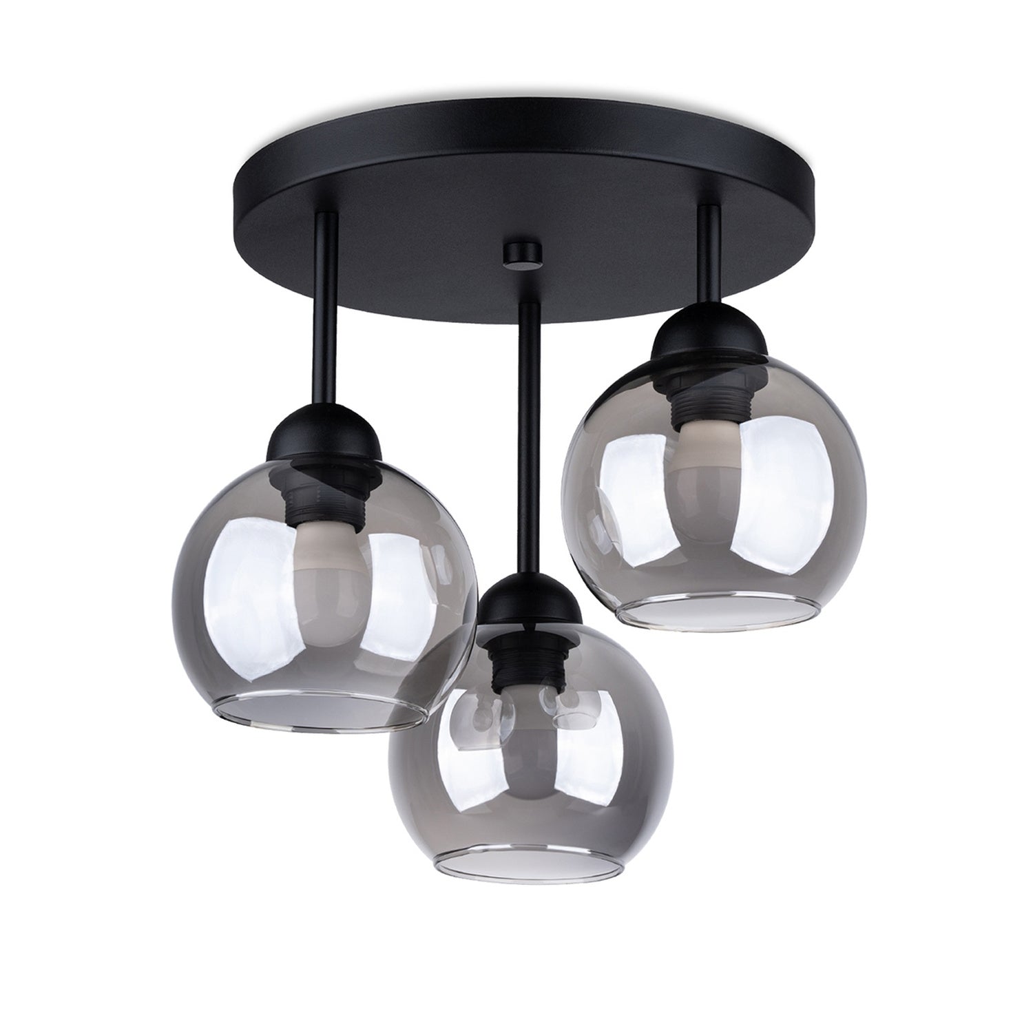 Plafonnier Alino 3 verre fumé E27, trois globes de verre fumé sur platine ronde noire, ampoules E27 apparentes
