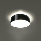 Plafonnier Arena 35 noir allumé, lumière diffuse vers le bas