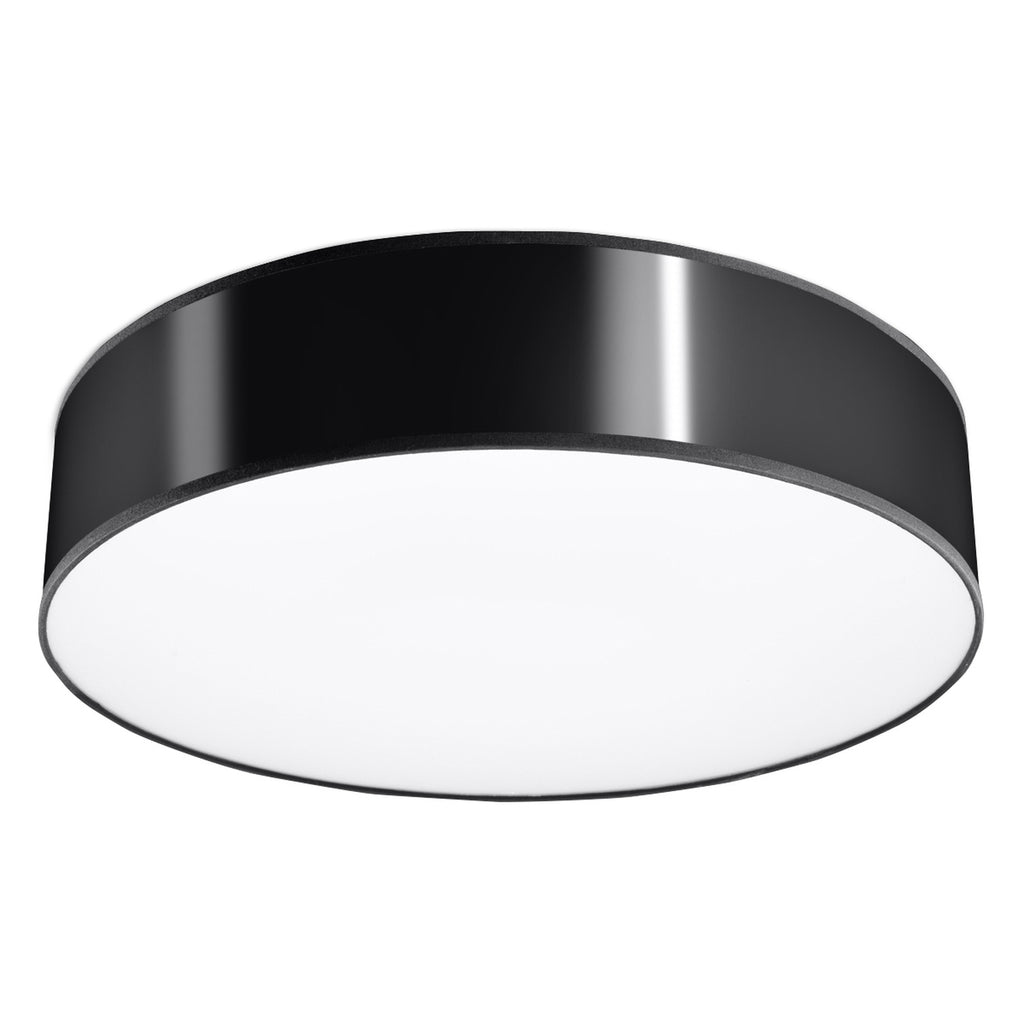 Plafonnier Arena 45 noir, abat-jour rond laqué et diffuseur blanc