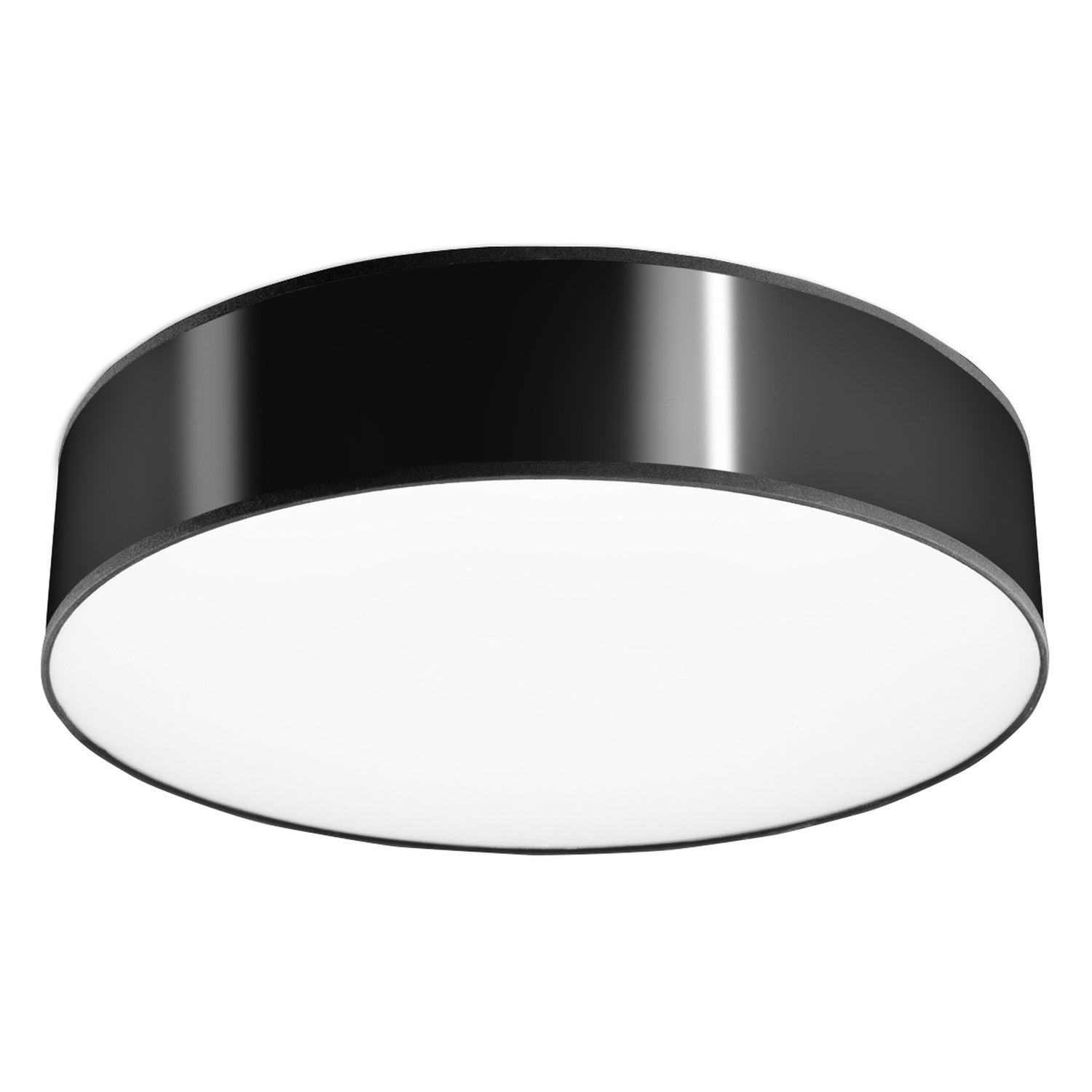 Plafonnier Arena 45 noir, abat-jour rond laqué et diffuseur blanc