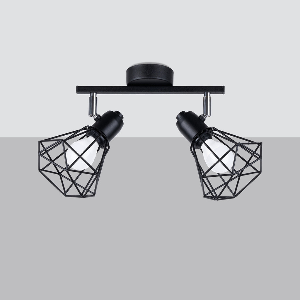 Plafonnier Artemis 2 noir de trois quarts, cages filaires