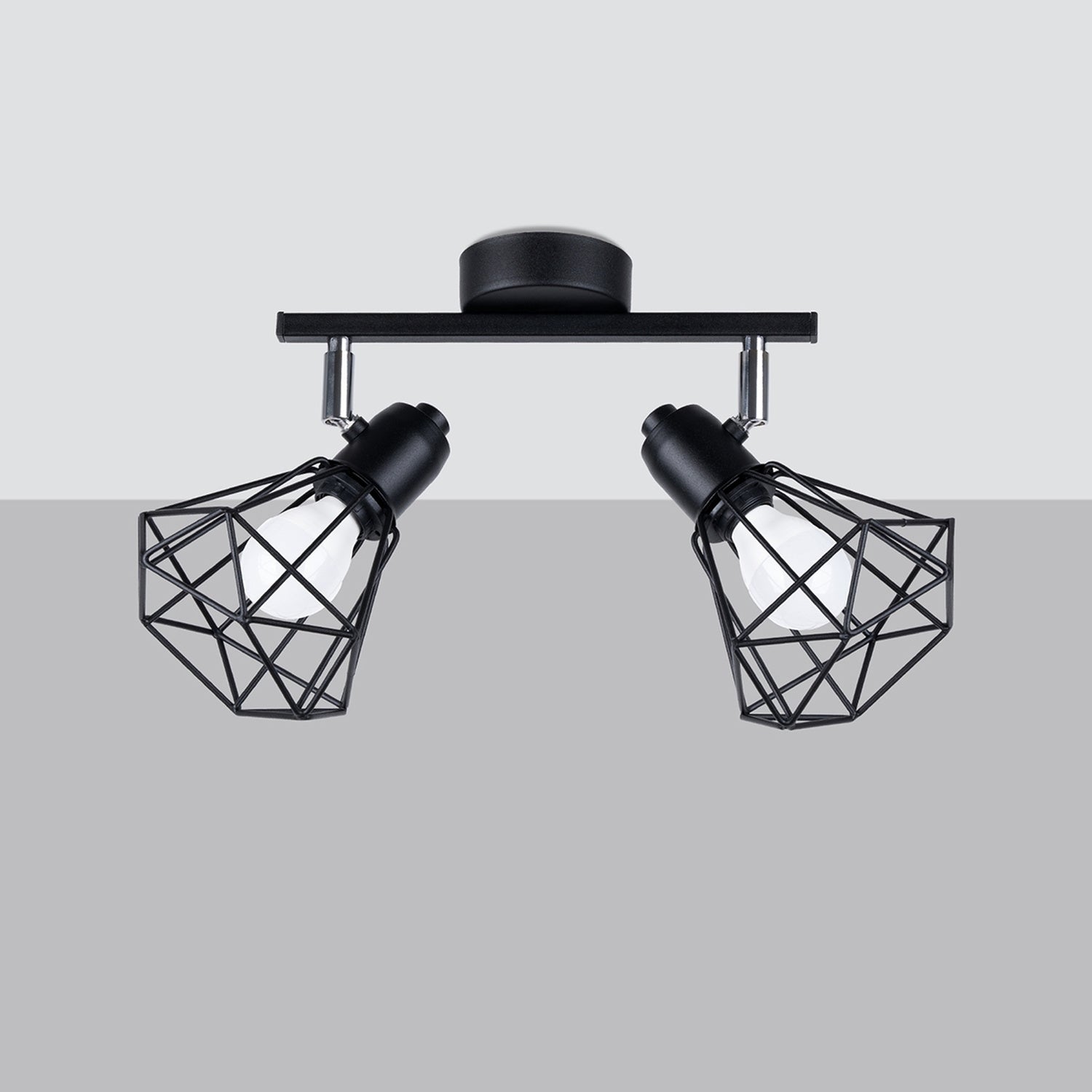 Plafonnier Artemis 2 noir de trois quarts, cages filaires