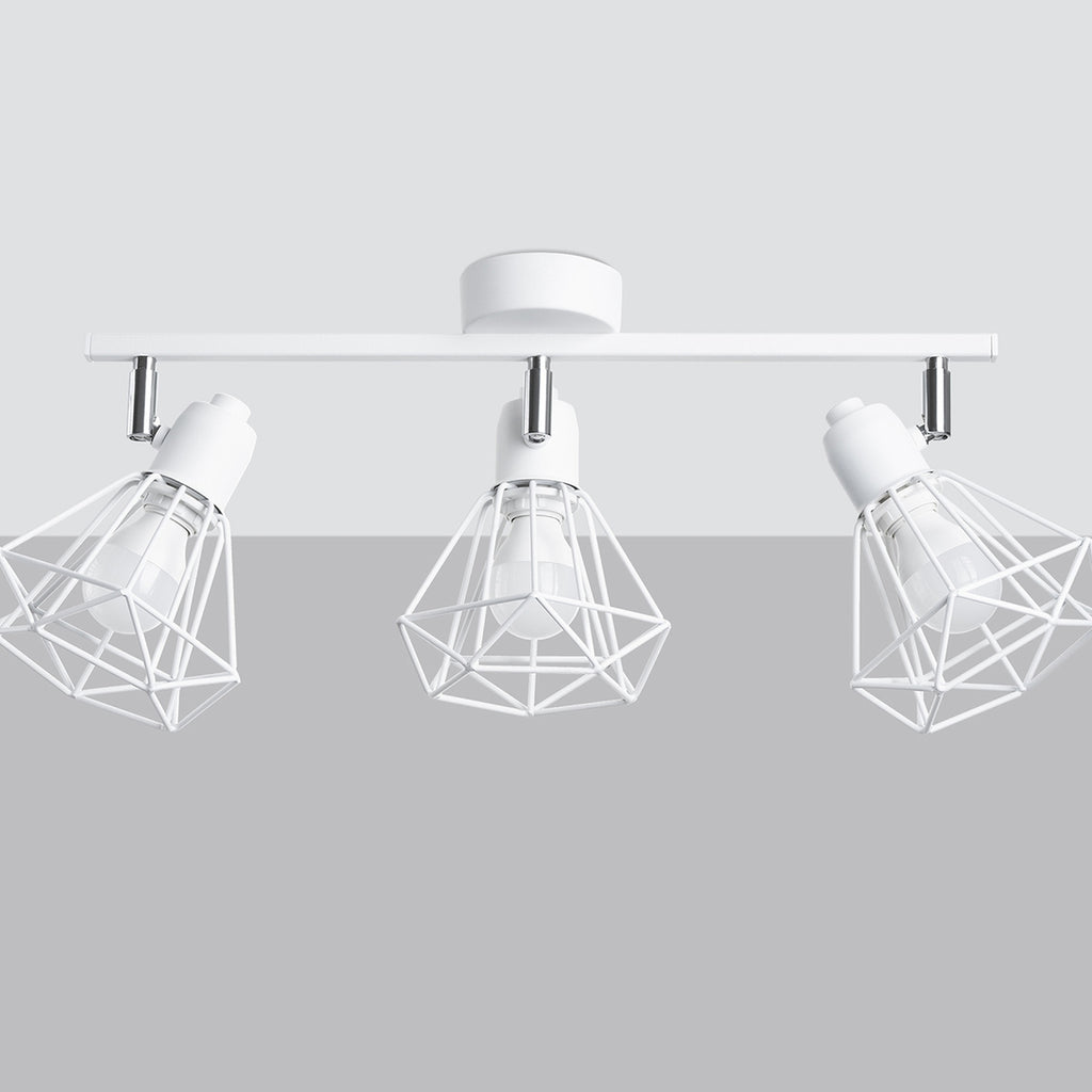 Plafonnier Artemis 3 blanc de trois quarts, cages filaires