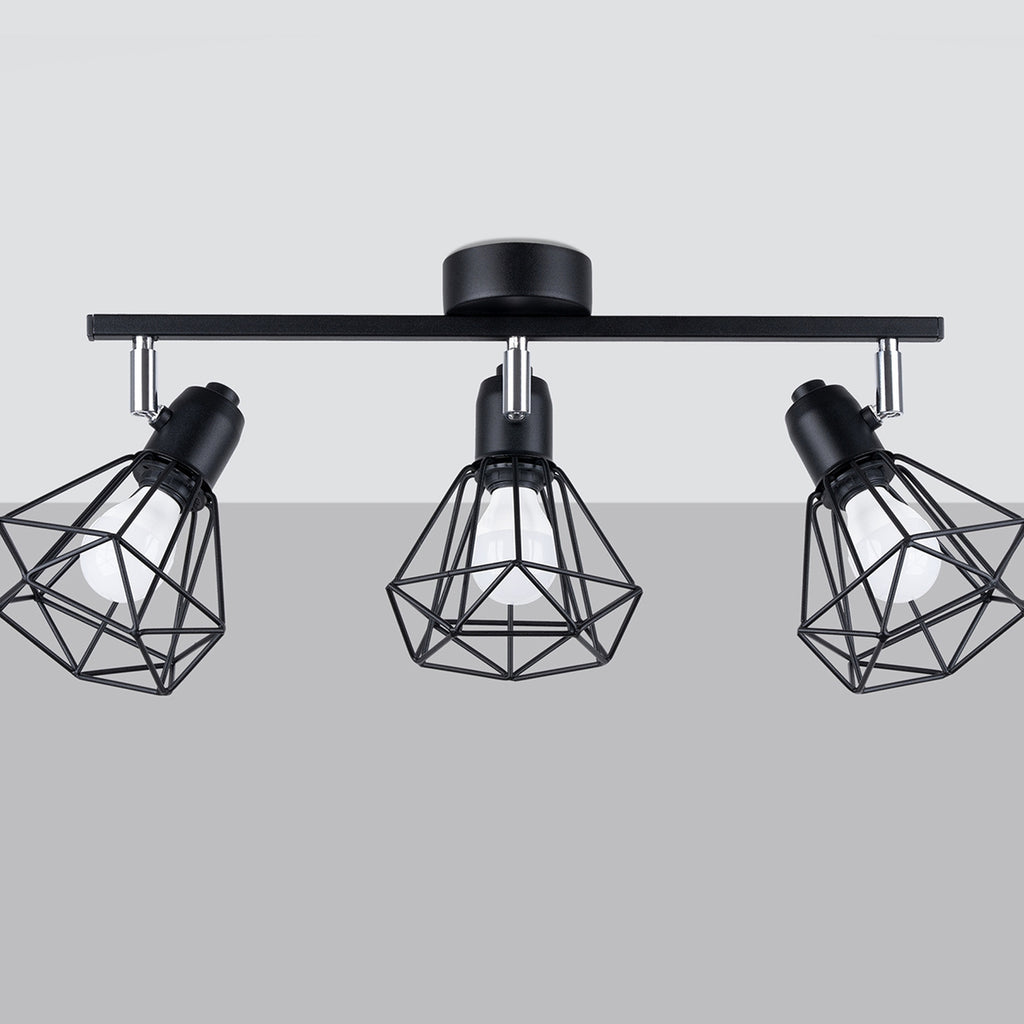 Plafonnier Artemis 3 noir de trois quarts, cages filaires