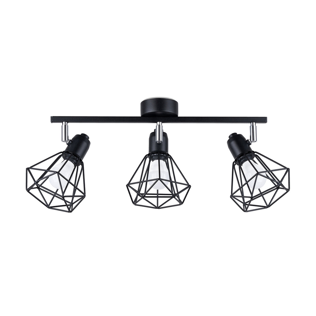 Plafonnier Artemis 3 acier noir, 3 spots orientables à abat-jour cage diamant en fil métallique, E14