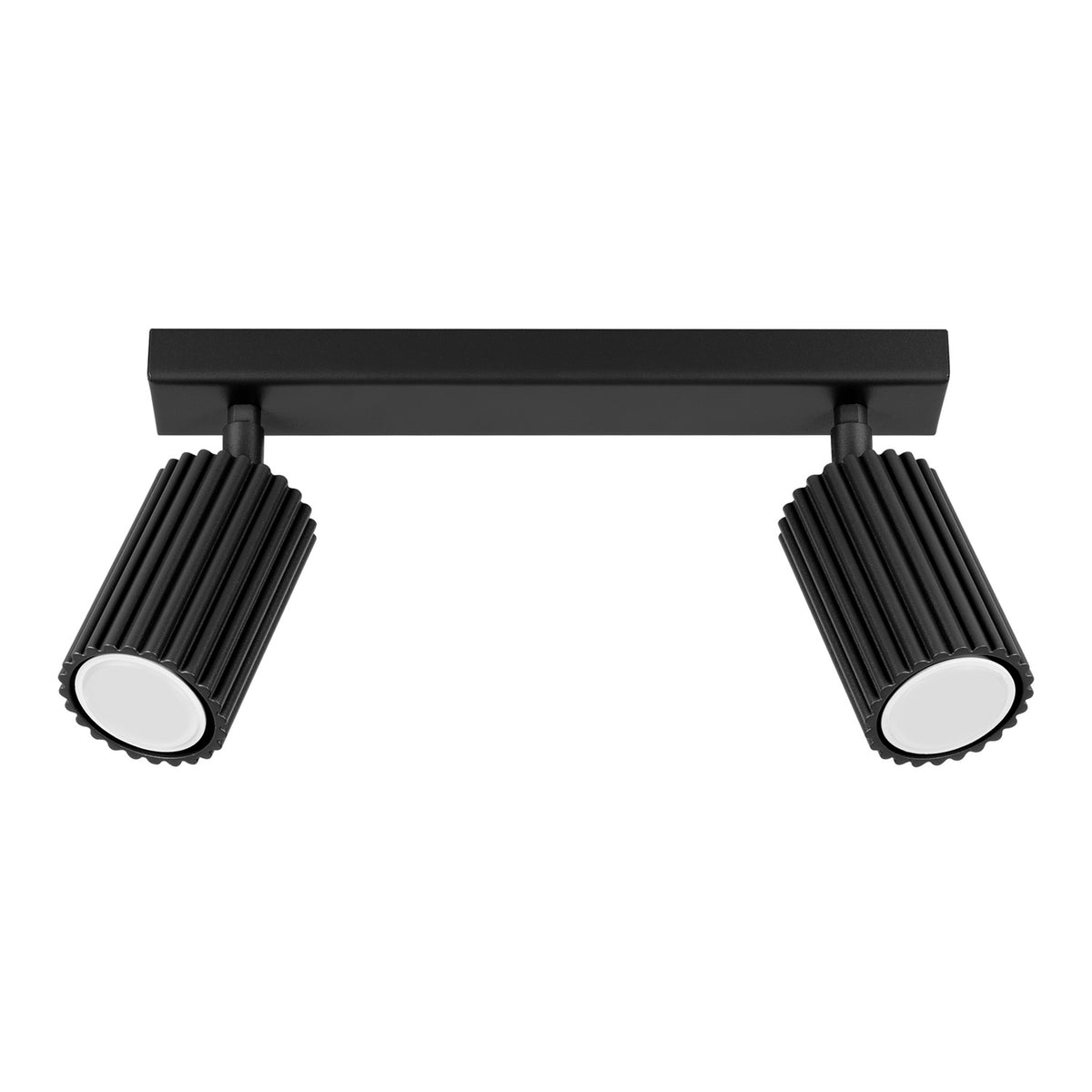 Plafonnier barre Karbon laque noire à deux spots cannelés orientables sur fond blanc