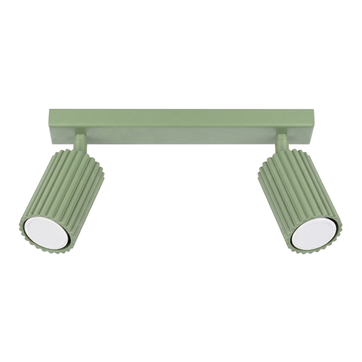 Plafonnier barre Karbon laque vert sauge à deux spots cannelés orientables sur fond blanc