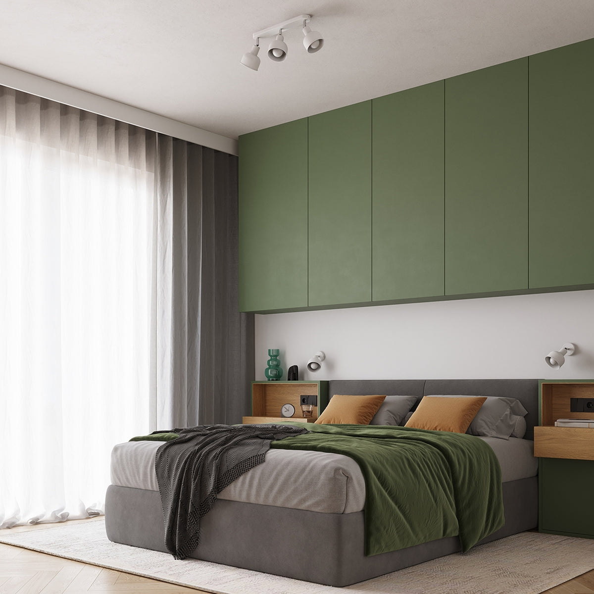 Chambre aux placards verts avec un plafonnier Elba métal blanc