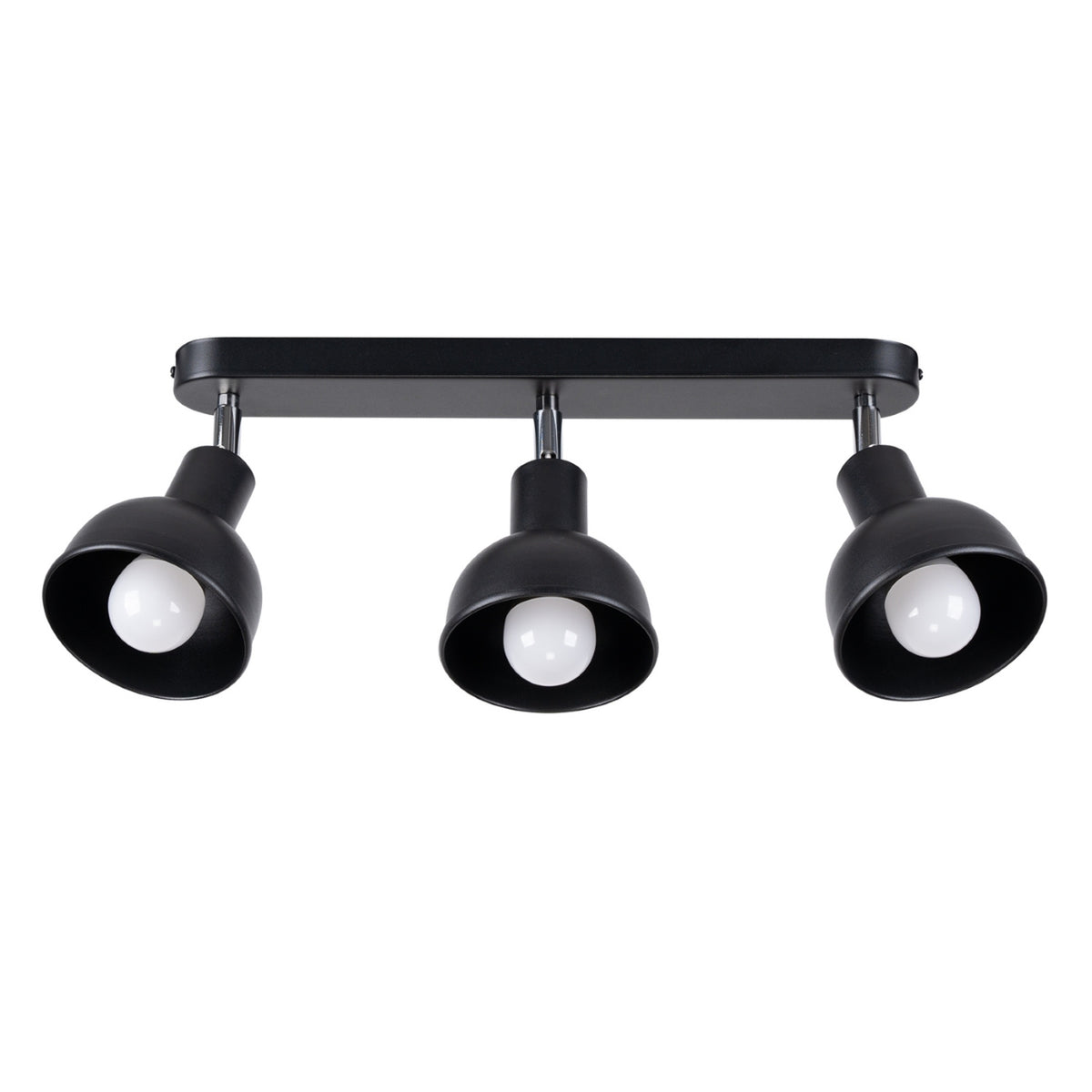 Plafonnier Elba métal noir trois abat-jour cloche orientables sous une barre aux bouts arrondis