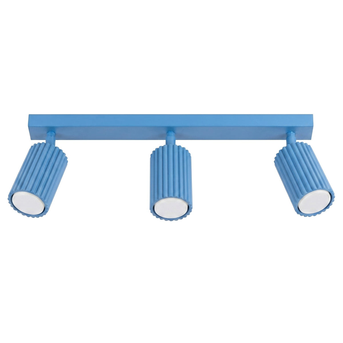 Plafonnier barre Karbon laque bleu azur à trois spots cannelés orientables sur fond blanc
