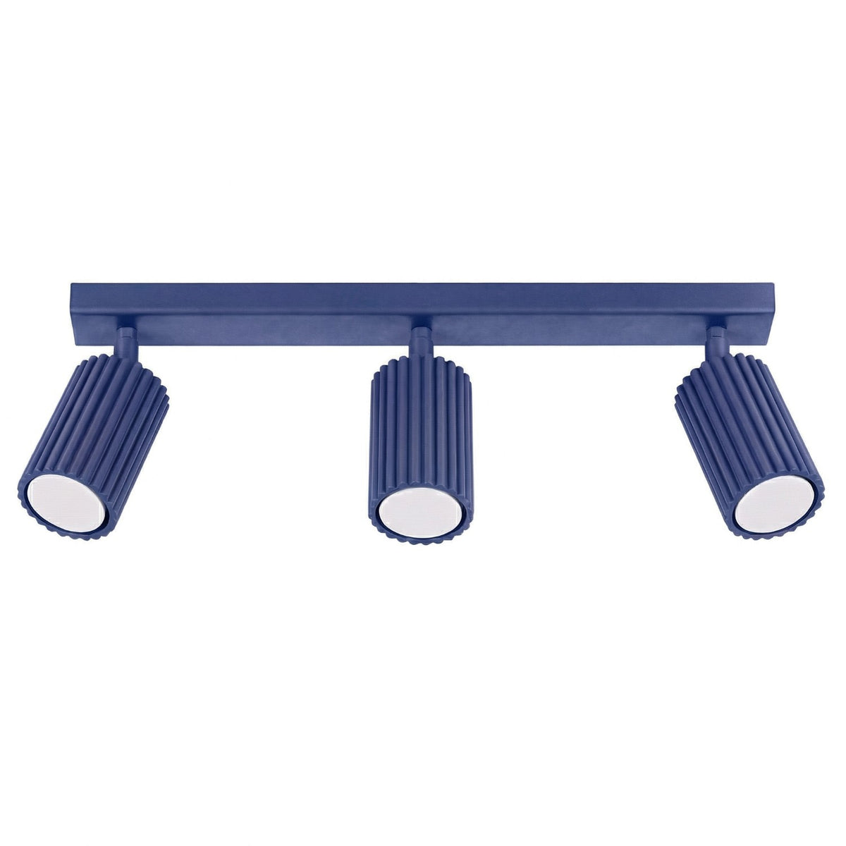 Plafonnier barre Karbon laque bleu outremer à trois spots cannelés orientables sur fond blanc