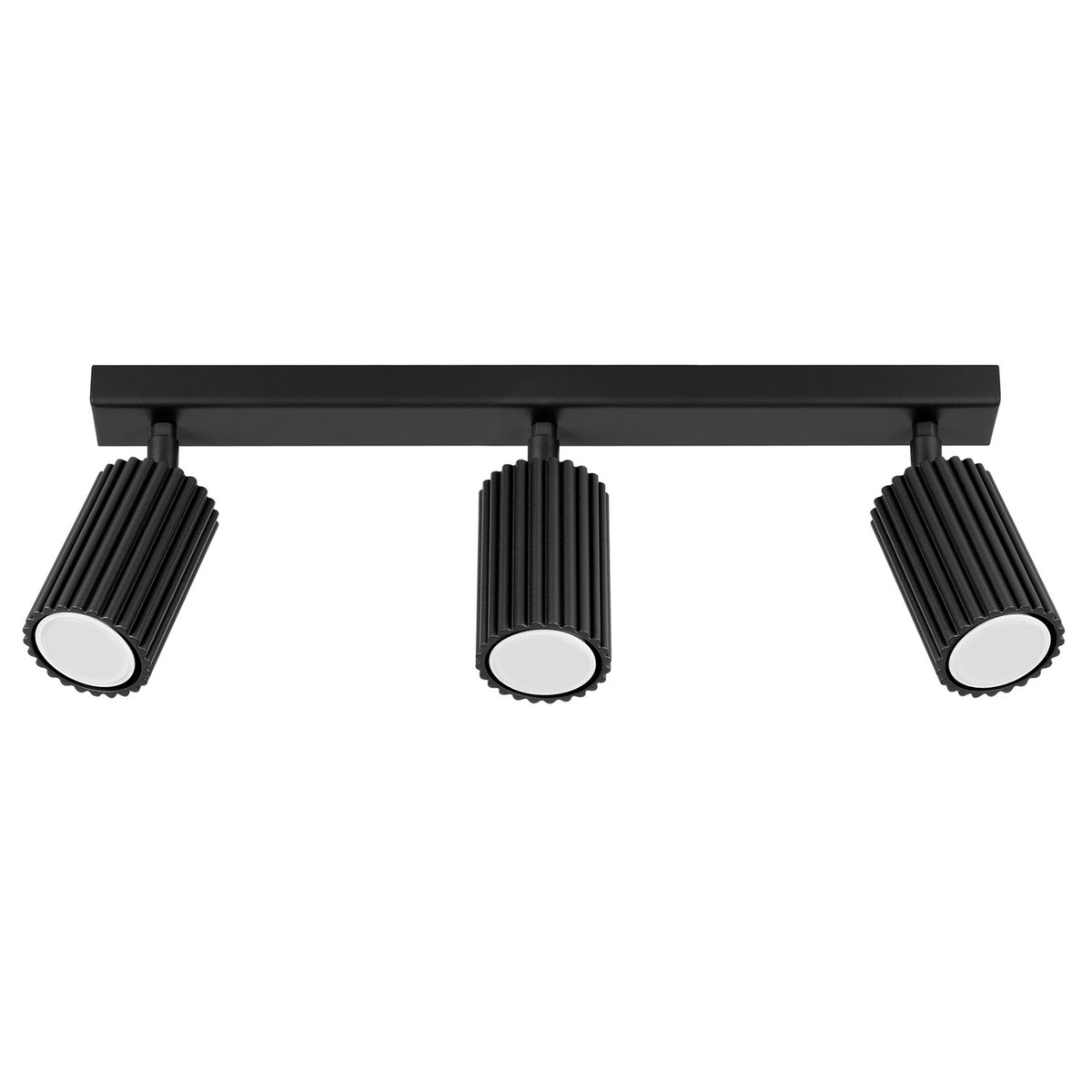 Plafonnier barre Karbon laque noire à trois spots cannelés orientables sur fond blanc