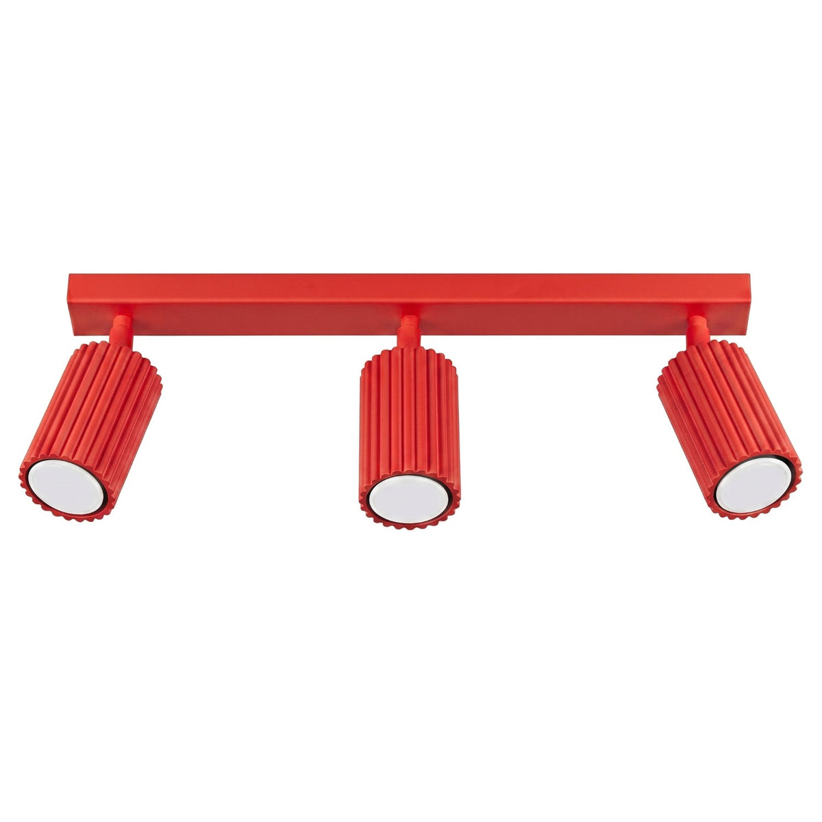 Plafonnier barre Karbon laque rouge à trois spots cannelés orientables sur fond blanc