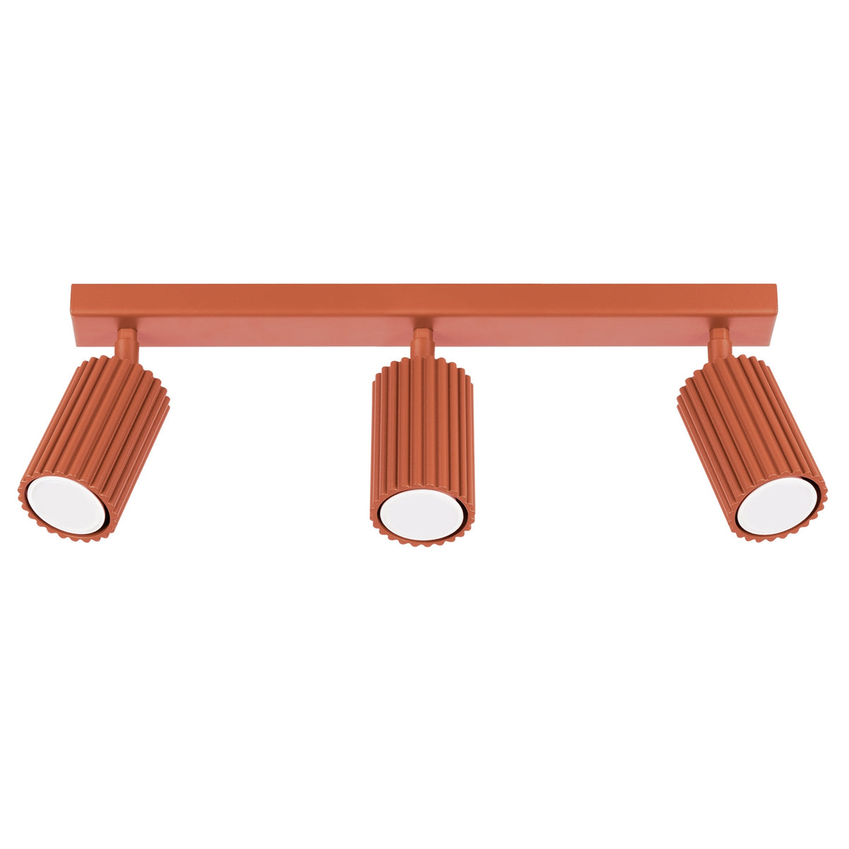 Plafonnier barre Karbon laque rouge ocre à trois spots cannelés orientables sur fond blanc