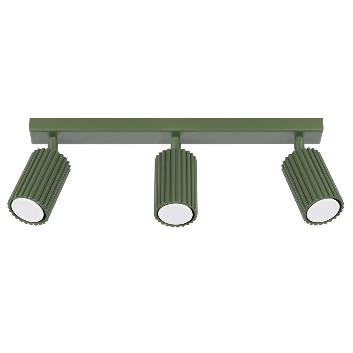 Plafonnier barre Karbon laque vert olive à trois spots cannelés orientables sur fond blanc