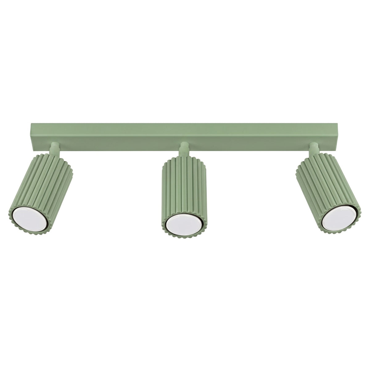 Plafonnier barre Karbon laque vert sauge à trois spots cannelés orientables sur fond blanc