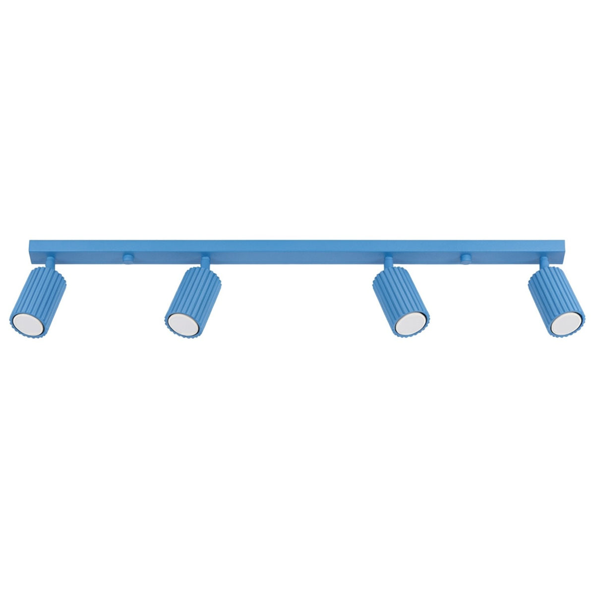 Plafonnier barre Karbon laque bleu ciel à quatre spots cannelés orientables sur fond blanc