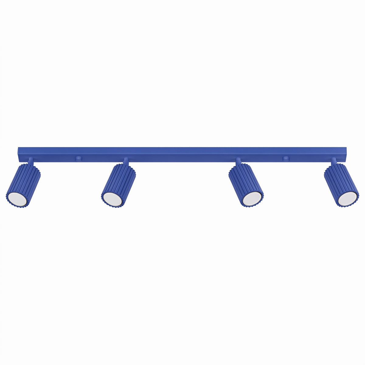 Plafonnier barre Karbon laque bleu outremer à quatre spots cannelés orientables sur fond blanc