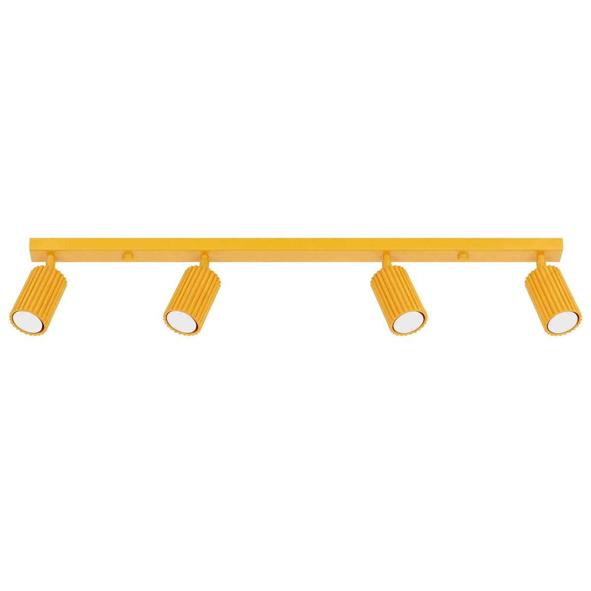 Plafonnier barre Karbon laque jaune à quatre spots cannelés orientables sur fond blanc