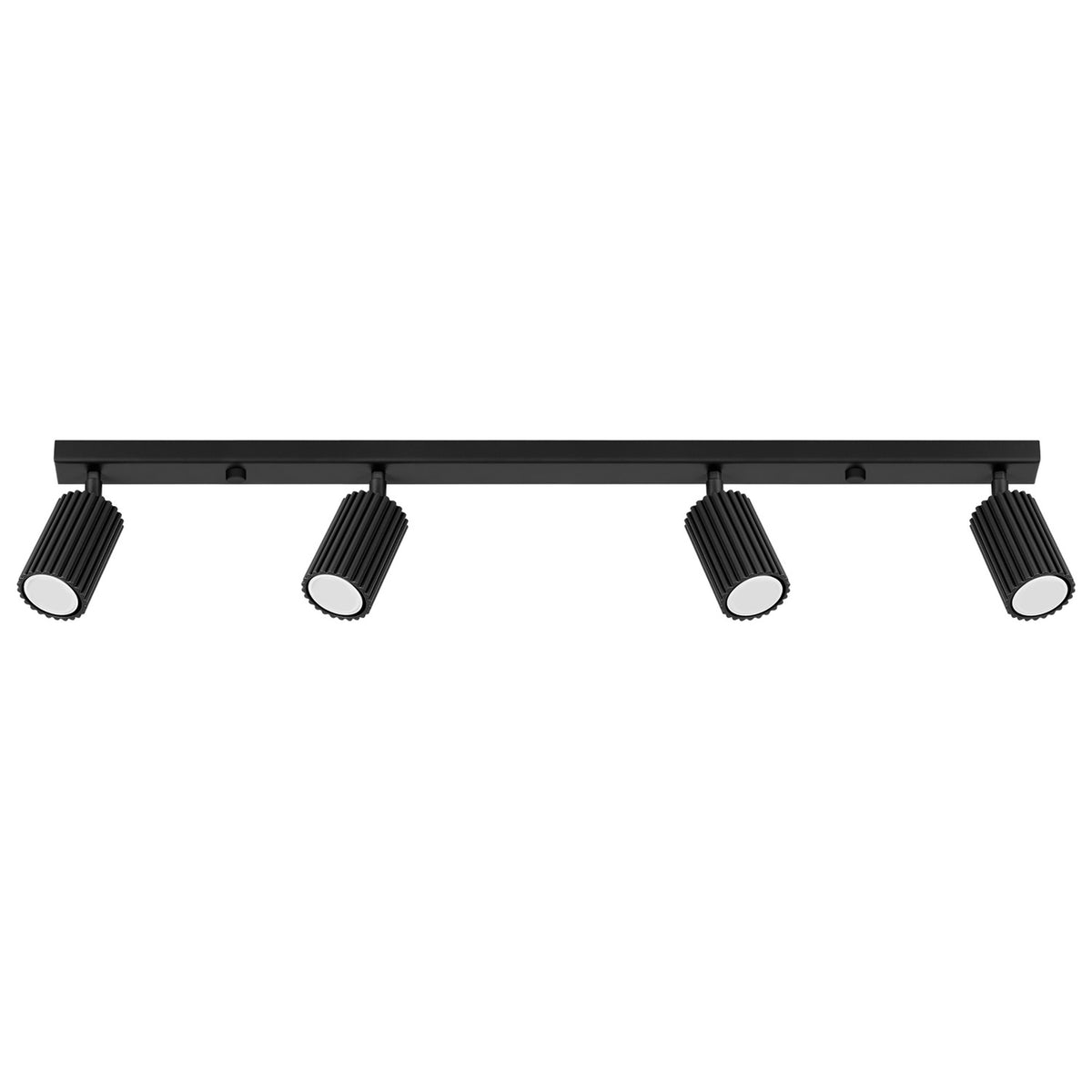 Plafonnier barre Karbon laque noire à quatre spots cannelés orientables sur fond blanc