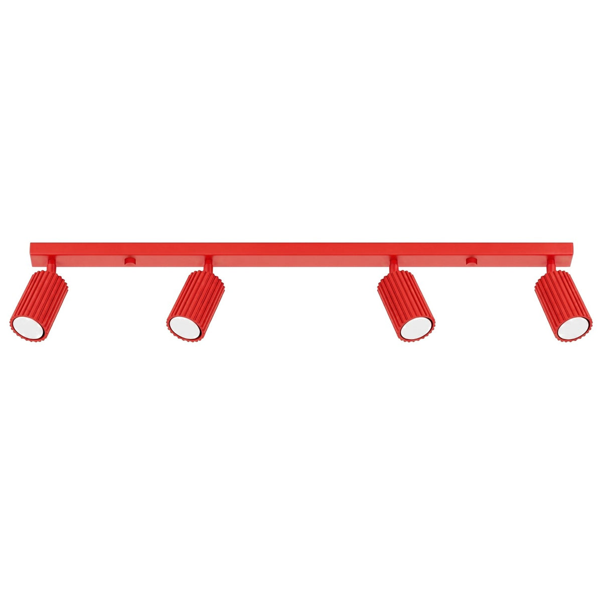 Plafonnier barre Karbon laque rouge à quatre spots cannelés orientables sur fond blanc