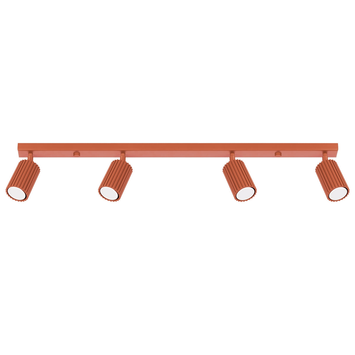 Plafonnier barre Karbon laque rouge ocre à quatre spots cannelés orientables sur fond blanc