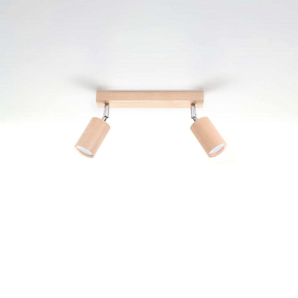 Plafonnier Berg 2 spots en bois naturel, spots cylindriques orientables sur une barre, vue de profil