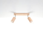 Plafonnier Berg 2 spots en bois naturel, spots cylindriques orientables sur une barre, vue de profil