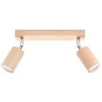 Plafonnier Berg 2 spots en bois naturel, spots cylindriques orientables sur une barre, vue de face