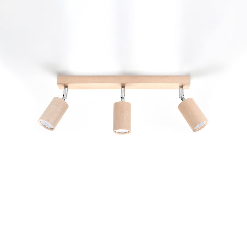 Plafonnier Berg 3 spots en bois naturel, spots cylindriques orientables sur une barre, vue de profil