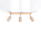 Plafonnier Berg 3 spots en bois naturel, spots cylindriques orientables sur une barre, vue de profil