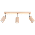 Plafonnier Berg 3 spots en bois naturel, spots cylindriques orientables sur une barre, vue de face