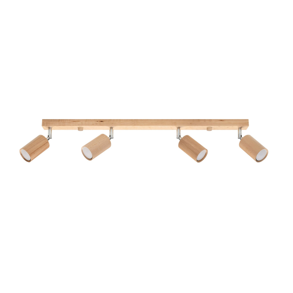 Plafonnier Berg 4 spots bois naturel, réglette de bois et quatre spots cylindriques orientables