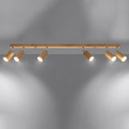 Plafonnier Berg 6 spots bois naturel allumé, six faisceaux orientables