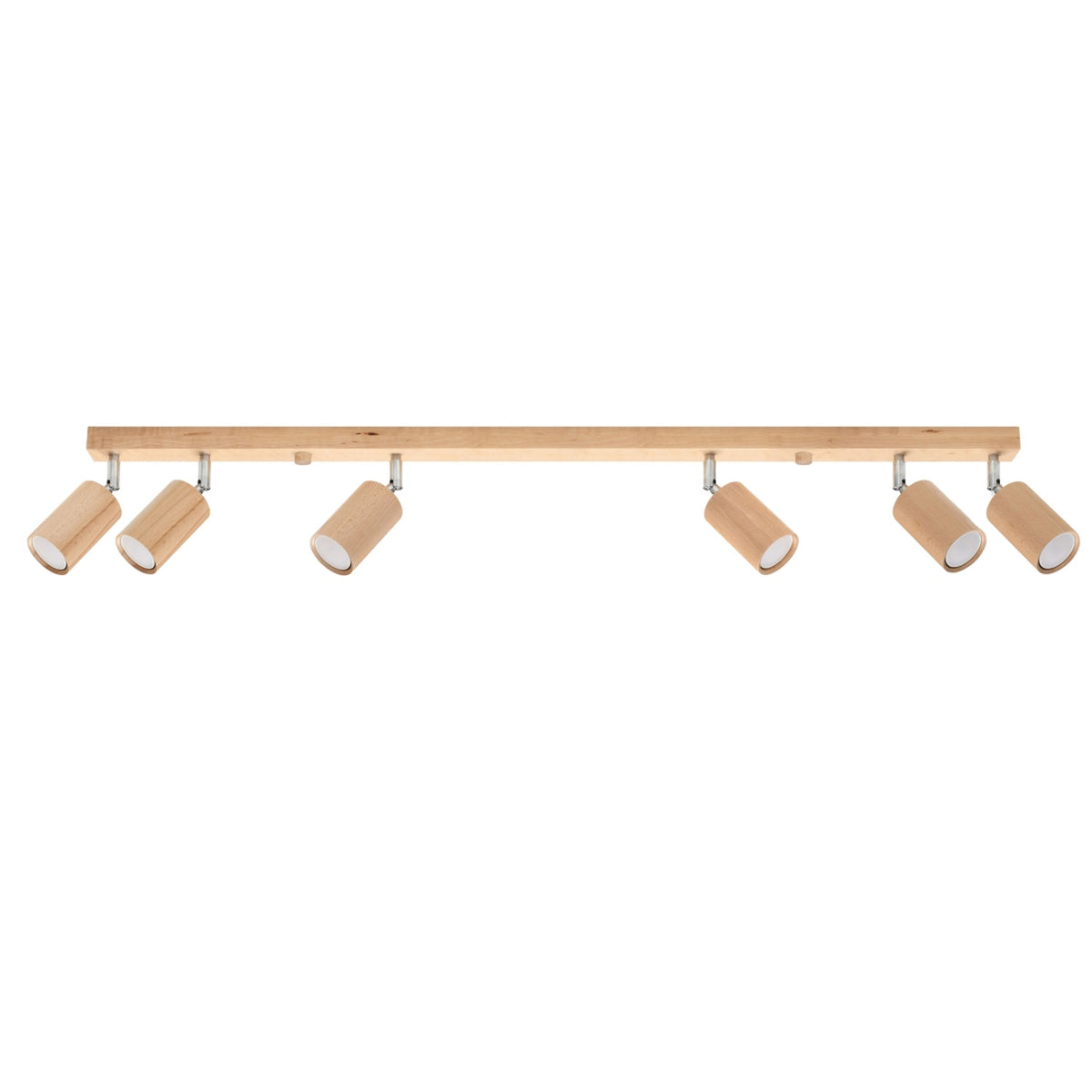 Plafonnier Berg réglette de 120 cm en bois naturel et six spots cylindriques orientés dans plusieurs directions