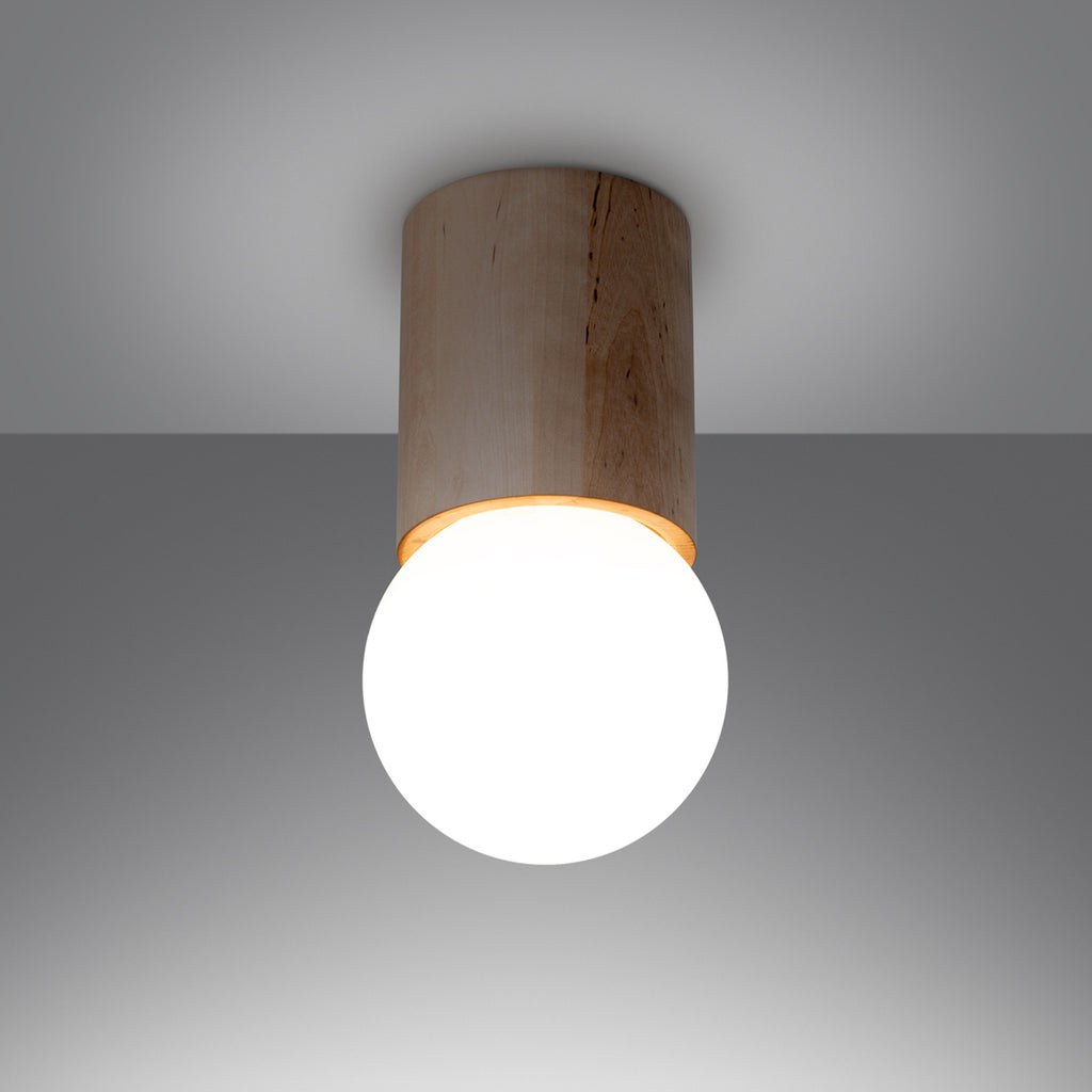 Plafonnier Boomo 12 bois et verre opale G9 allumé, halo opale doux