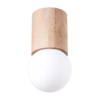 Plafonnier Boomo 12 bois et verre opale G9, cylindre de bois naturel et boule de verre opale blanc