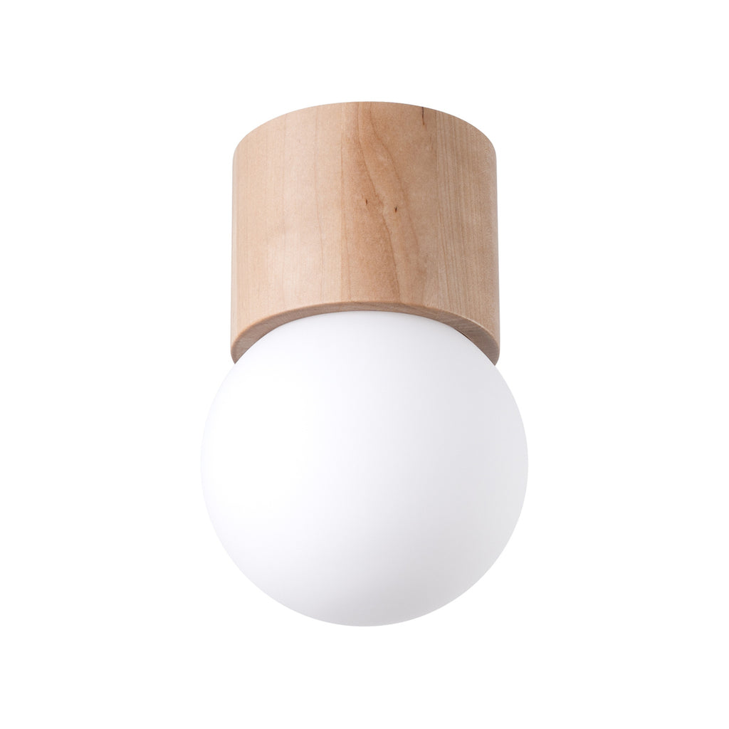 Plafonnier Boomo 8 bois et verre opale G9, cylindre de bois naturel et boule de verre opale blanc