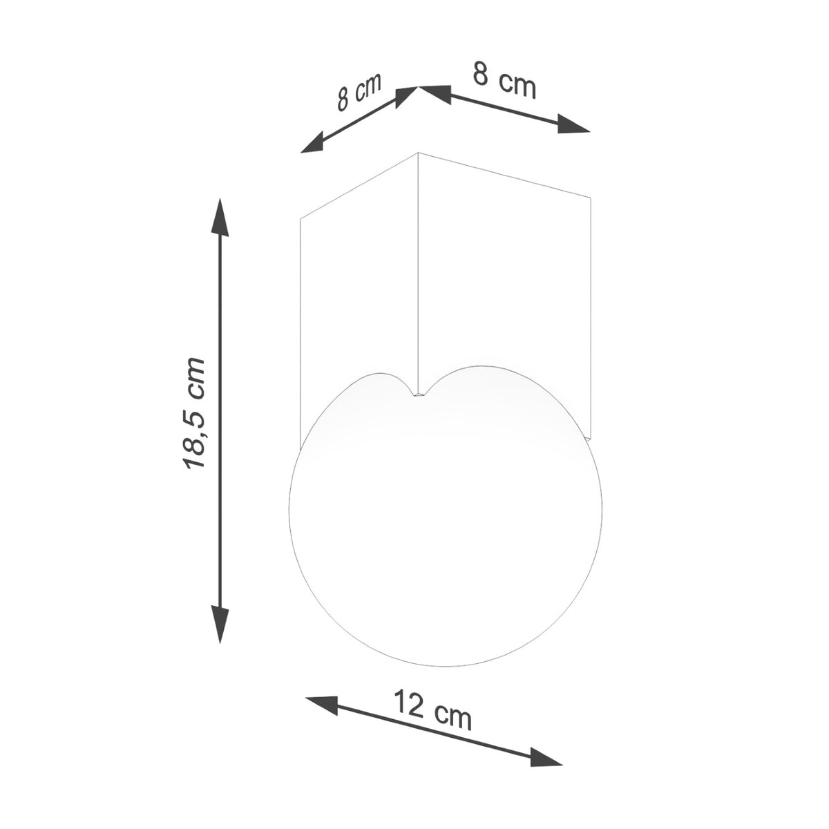 Schéma coté plafonnier Solis hauteur 185 mm globe 12 cm bloc 8 x 8 cm