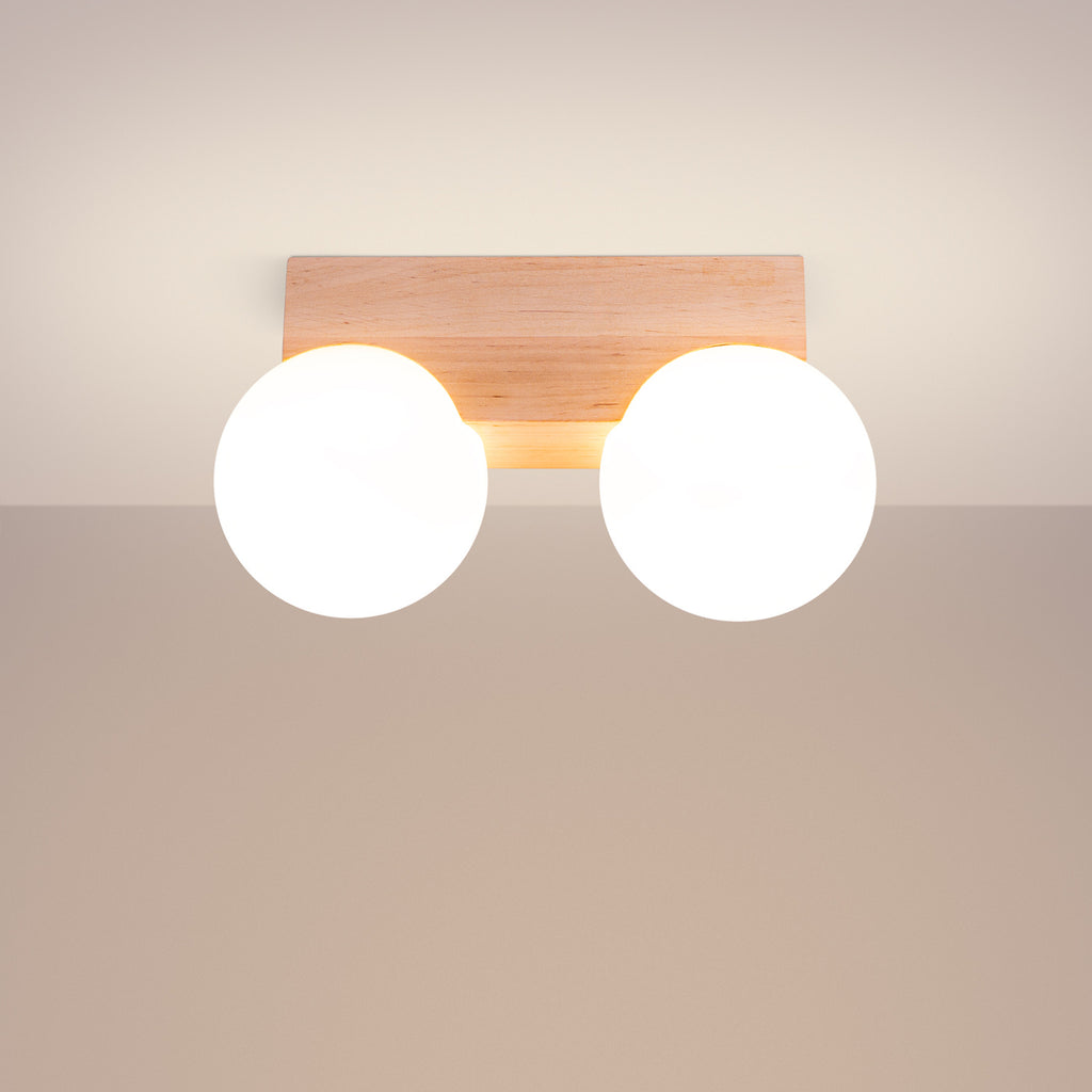 Plafonnier Bulbo 2 bois et verre opale G9 allumé