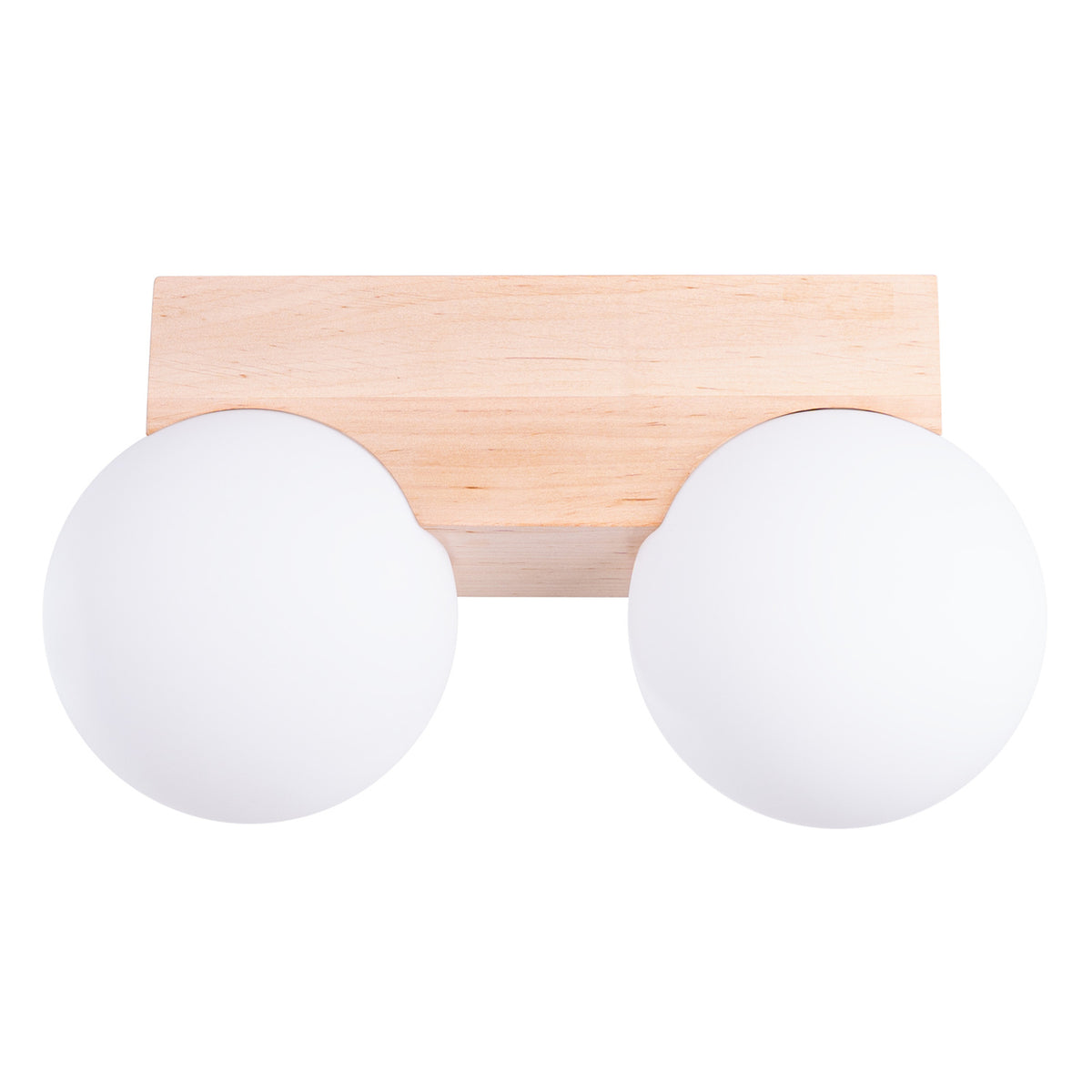 Plafonnier Bulbo 2 barre en bois naturel et deux globes de verre opale sur fond blanc
