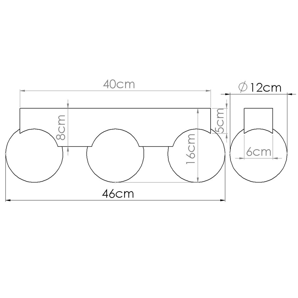 Schéma coté du plafonnier Bulbo 3 longueur 46 cm hauteur 16 cm barre 40 cm globes 12 cm