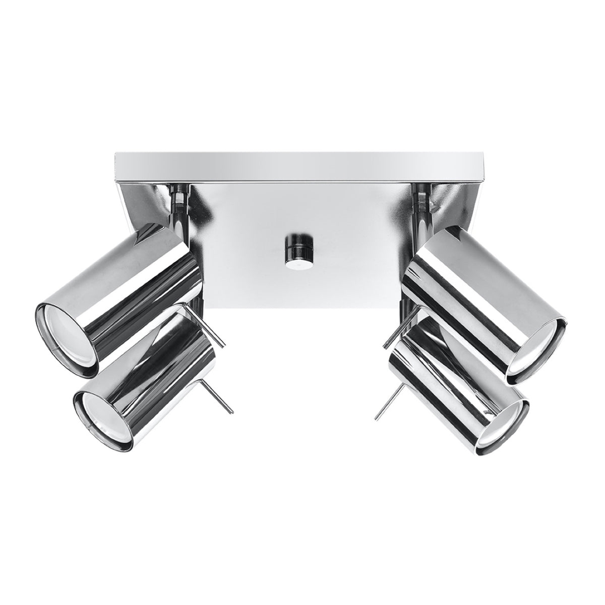 Plafonnier carré Ring chromé quatre spots orientables sous une platine en acier aux reflets miroir sur fond blanc