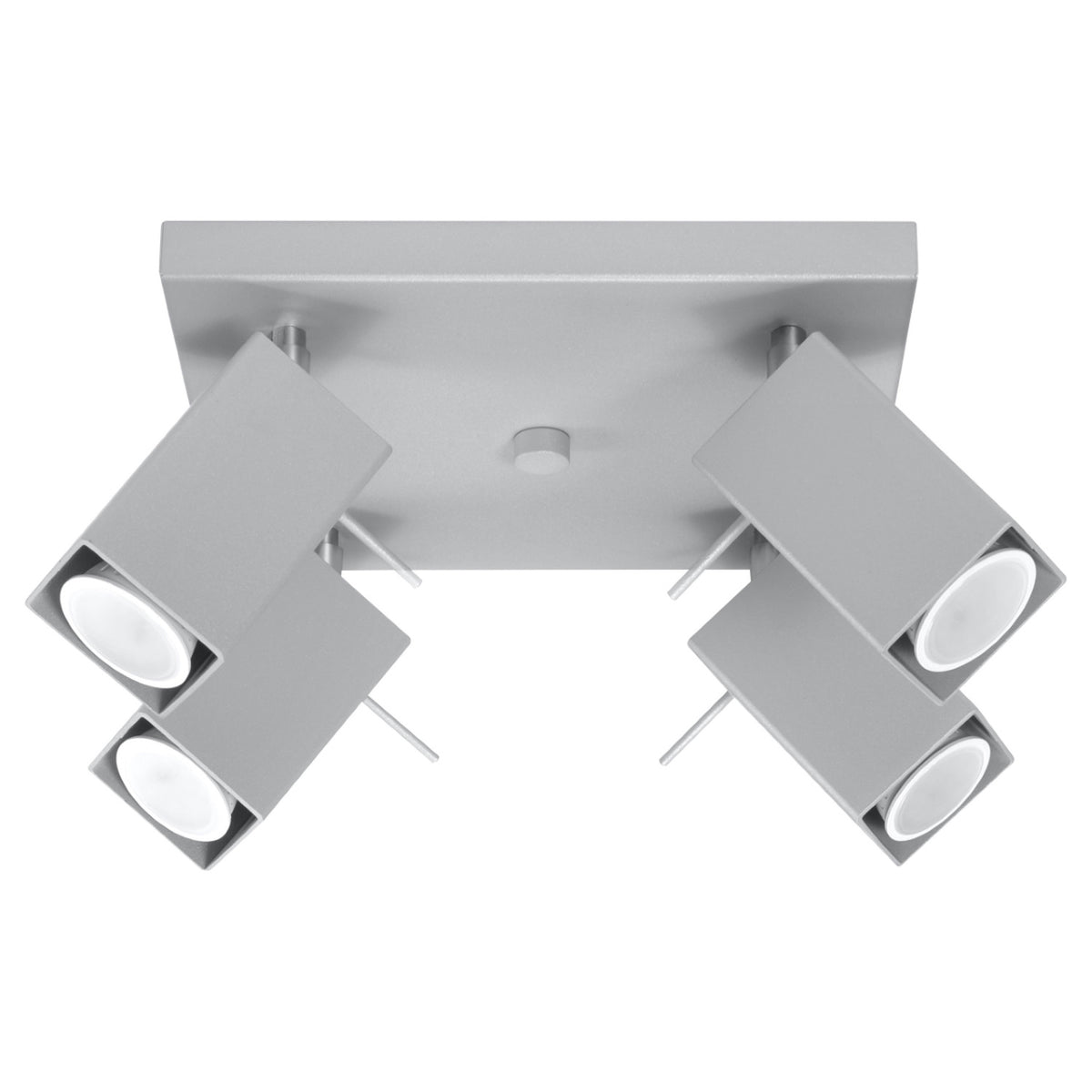 Plafonnier carré Merida métal gris quatre têtes de section carrée orientables sur une platine de 25 cm
