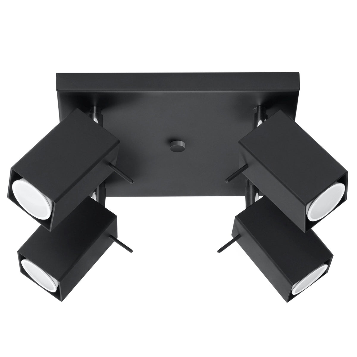 Plafonnier carré Merida métal noir quatre têtes de section carrée orientables sur une platine de 25 cm